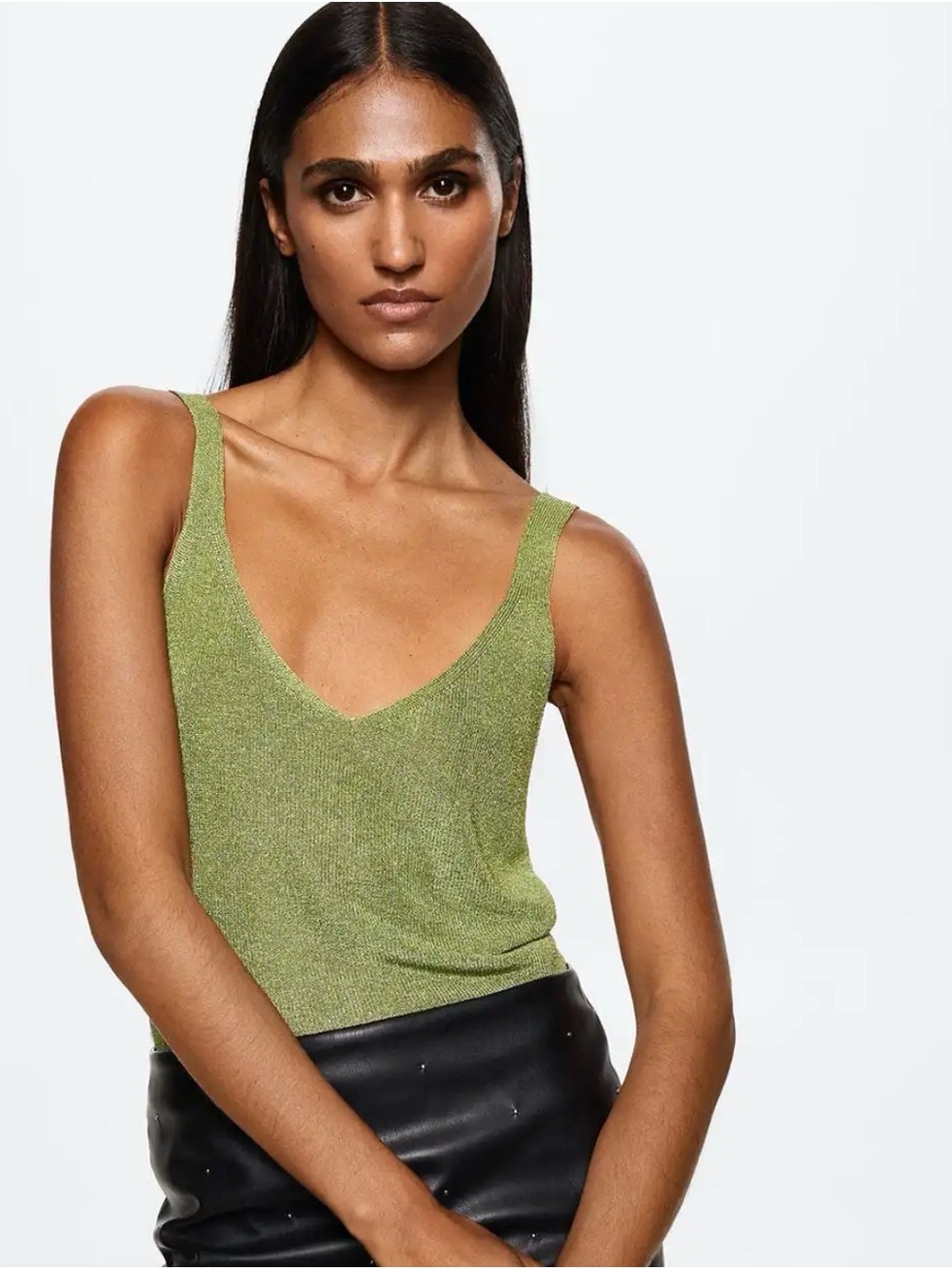 Green Metallic V-Neck Knit Tank Top - Women